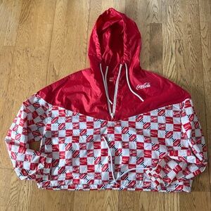 Coca-Cola Red Hooded Cropped Checkered Lightweight Windbreaker